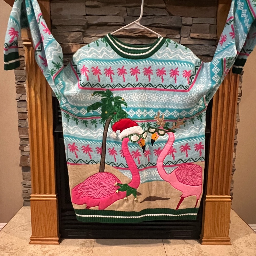 Festive Flamingo Sweater with Palm Trees